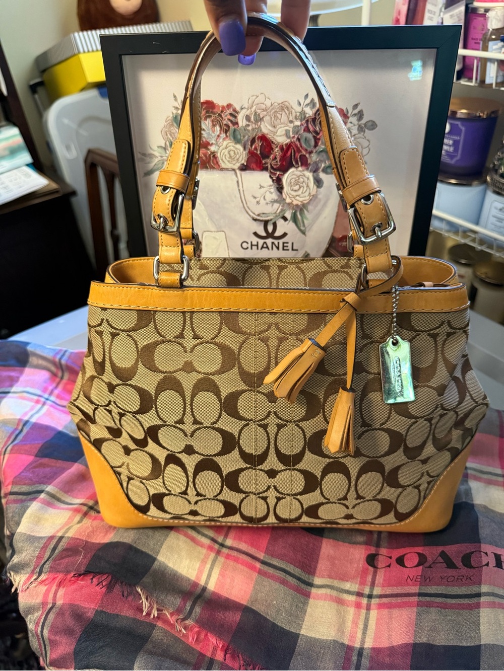 Coach Hamptons Vintage Signature Tote Bag Brown Jacquard Canvas Tan Leather